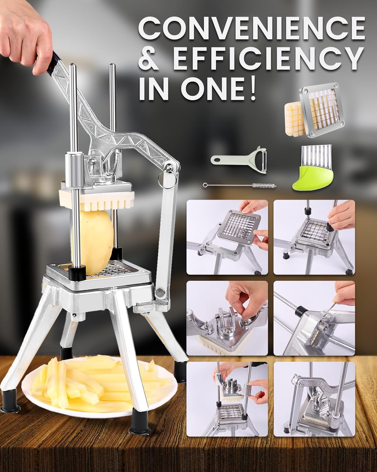 French Fry Cutter Commercial Potato Chopper Stainless Steel Vegetable Dicer Fruit Slicer for Onion,Cabbage,Carrots,Potato,Mushroom,With 4 Blades(1/4",3/8",1/2",8 Wedge Slice)