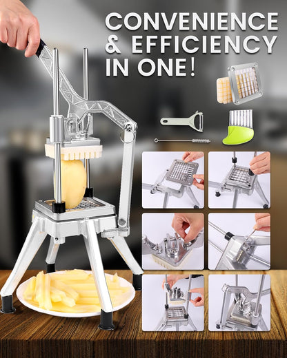 French Fry Cutter Commercial Potato Chopper Stainless Steel Vegetable Dicer Fruit Slicer for Onion,Cabbage,Carrots,Potato,Mushroom,With 4 Blades(1/4",3/8",1/2",8 Wedge Slice)