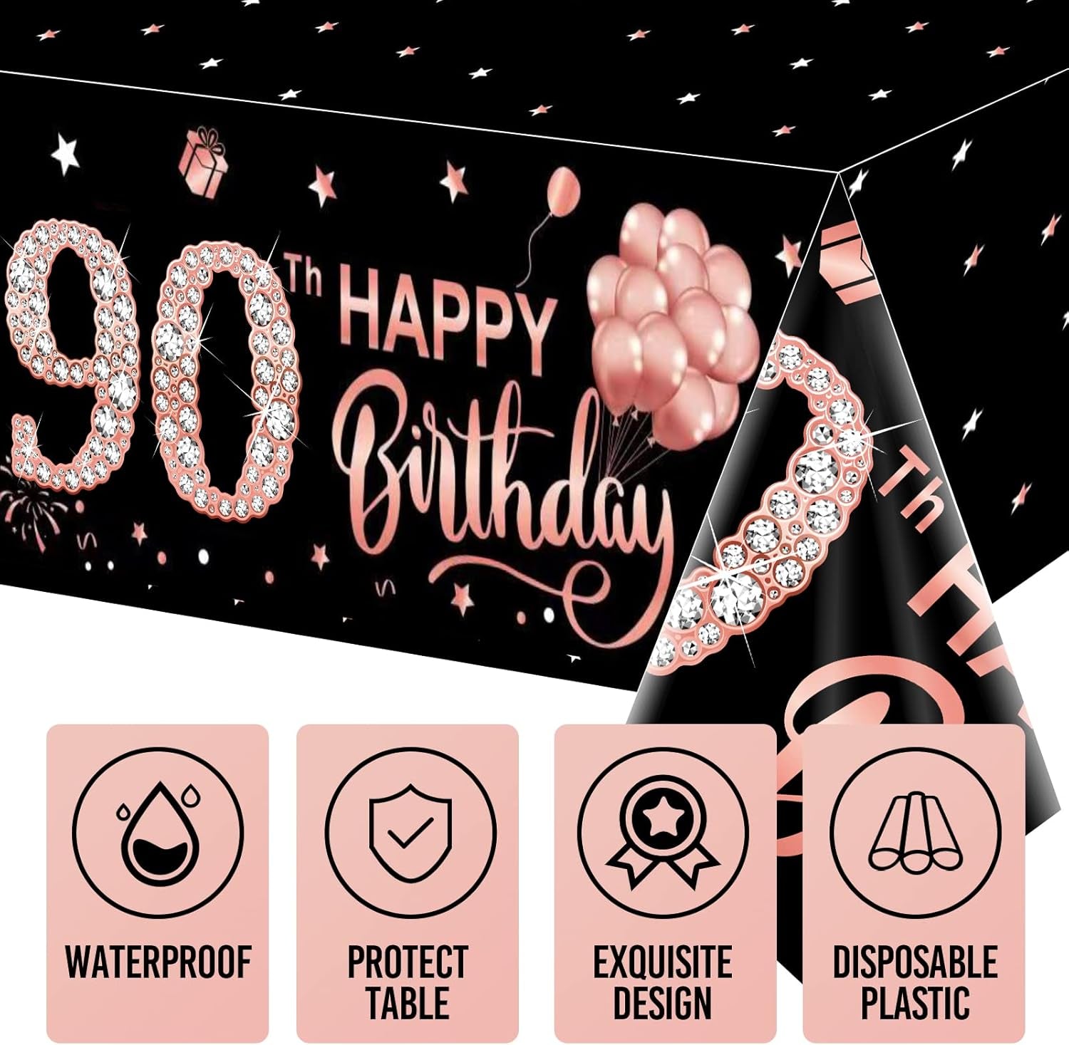 3 Pack Rose Gold Happy Ninety Birthday Theme Table Cover - 90 Year Old Party Supplies, Plastic Disposable Rectangular Table Cloth Decor