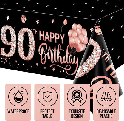 3 Pack Rose Gold Happy Ninety Birthday Theme Table Cover - 90 Year Old Party Supplies, Plastic Disposable Rectangular Table Cloth Decor