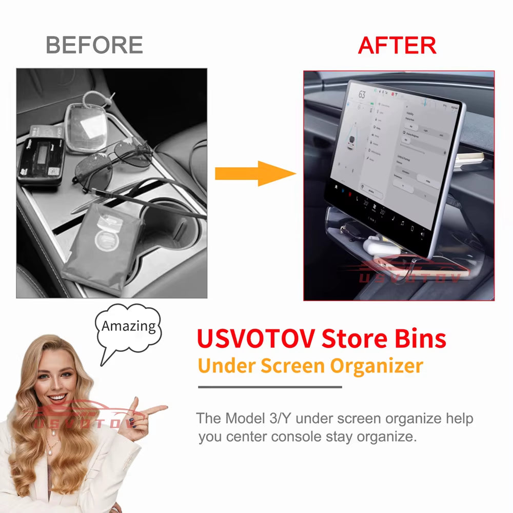 Under Screen Storage Box for Tesla Model 3 Y Highland Center Console Organizer Tray Dashboard Bins Tissue Phone Holder Accessory