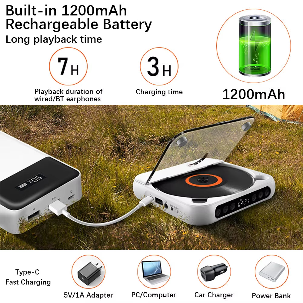CD Player Portable BT Music Player CD Runner with Dustproof Cover 6 Modes A-B Repeat Timer Remote Control External Playback