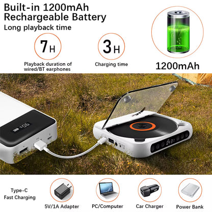 CD Player Portable BT Music Player CD Runner with Dustproof Cover 6 Modes A-B Repeat Timer Remote Control External Playback