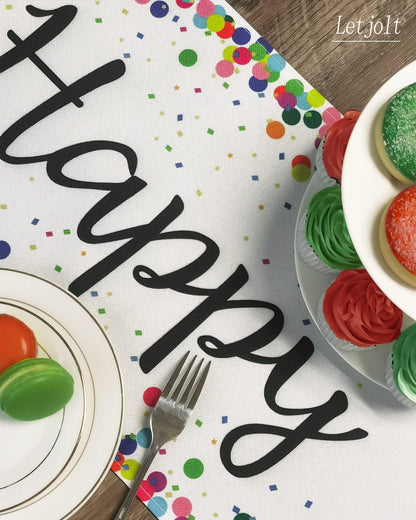 Happy Birthday Table Runner 72 Inches Birthday Centerpieces for Tables Birth Day Party Sign Polka Dots Table Decoration, White