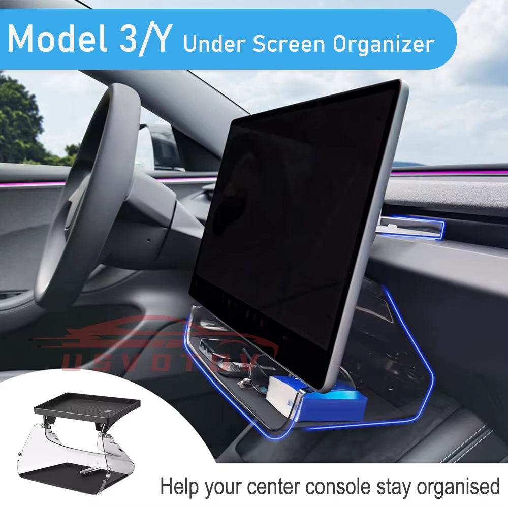 Under Screen Storage Box for Tesla Model 3 Y Highland Center Console Organizer Tray Dashboard Bins Tissue Phone Holder Accessory