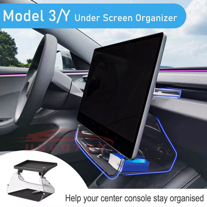 Under Screen Storage Box for Tesla Model 3 Y Highland Center Console Organizer Tray Dashboard Bins Tissue Phone Holder Accessory