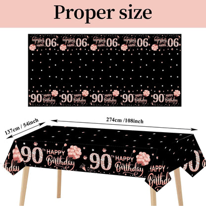3 Pack Rose Gold Happy Ninety Birthday Theme Table Cover - 90 Year Old Party Supplies, Plastic Disposable Rectangular Table Cloth Decor