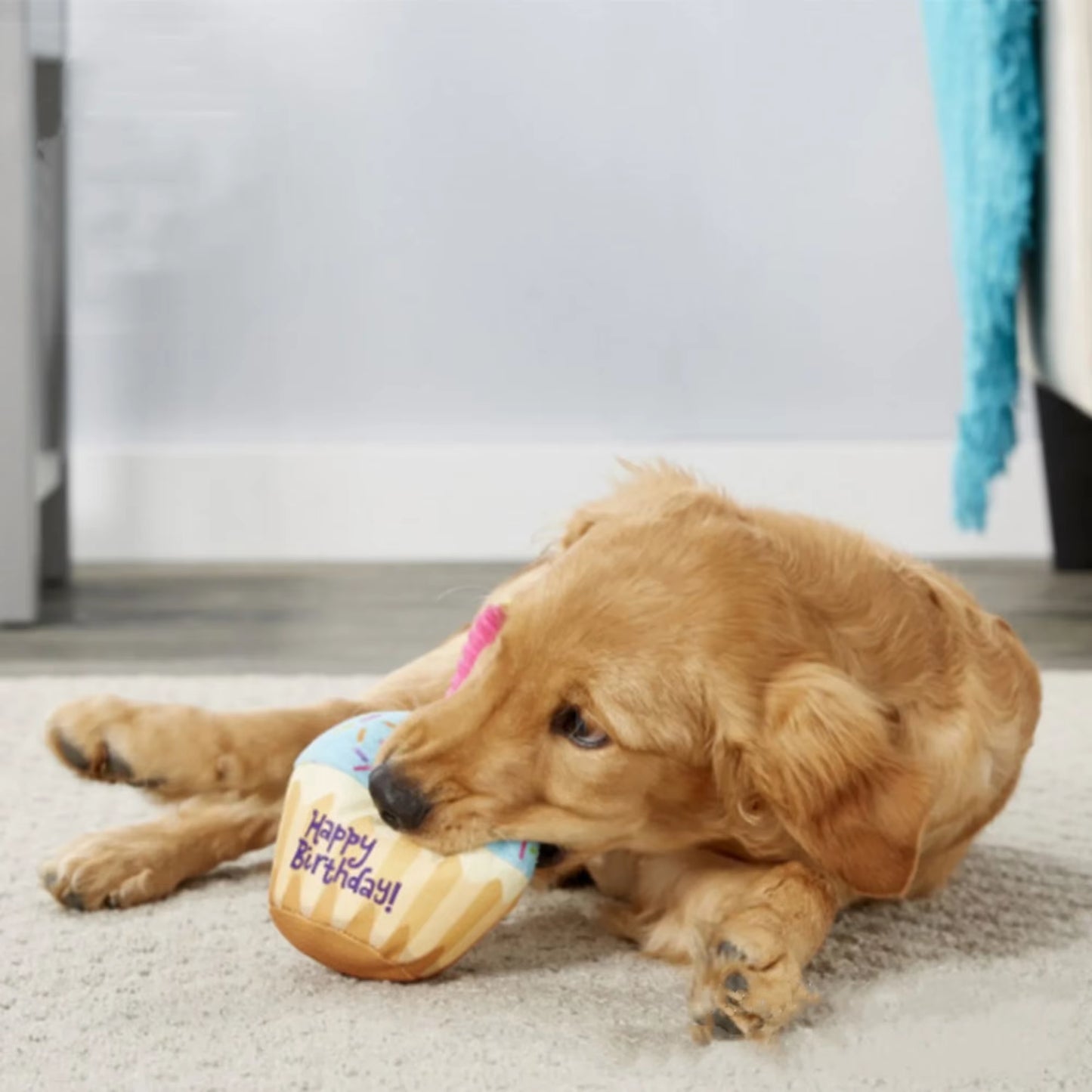 Dog Birthday Cake Toy Soft Plush Squeaky with Colourful Candles Durable Funny Stuffed Chew for Large Breeds Birthday Gift Scarf