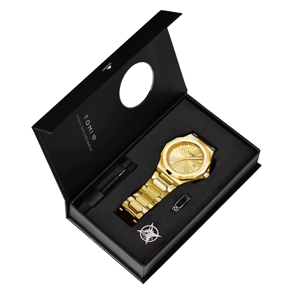 Luxury Business Men'S Watch Gift Box Set High Quality Rose Gold Case Simple and Versatile Quartz Watch Relogio Masculino