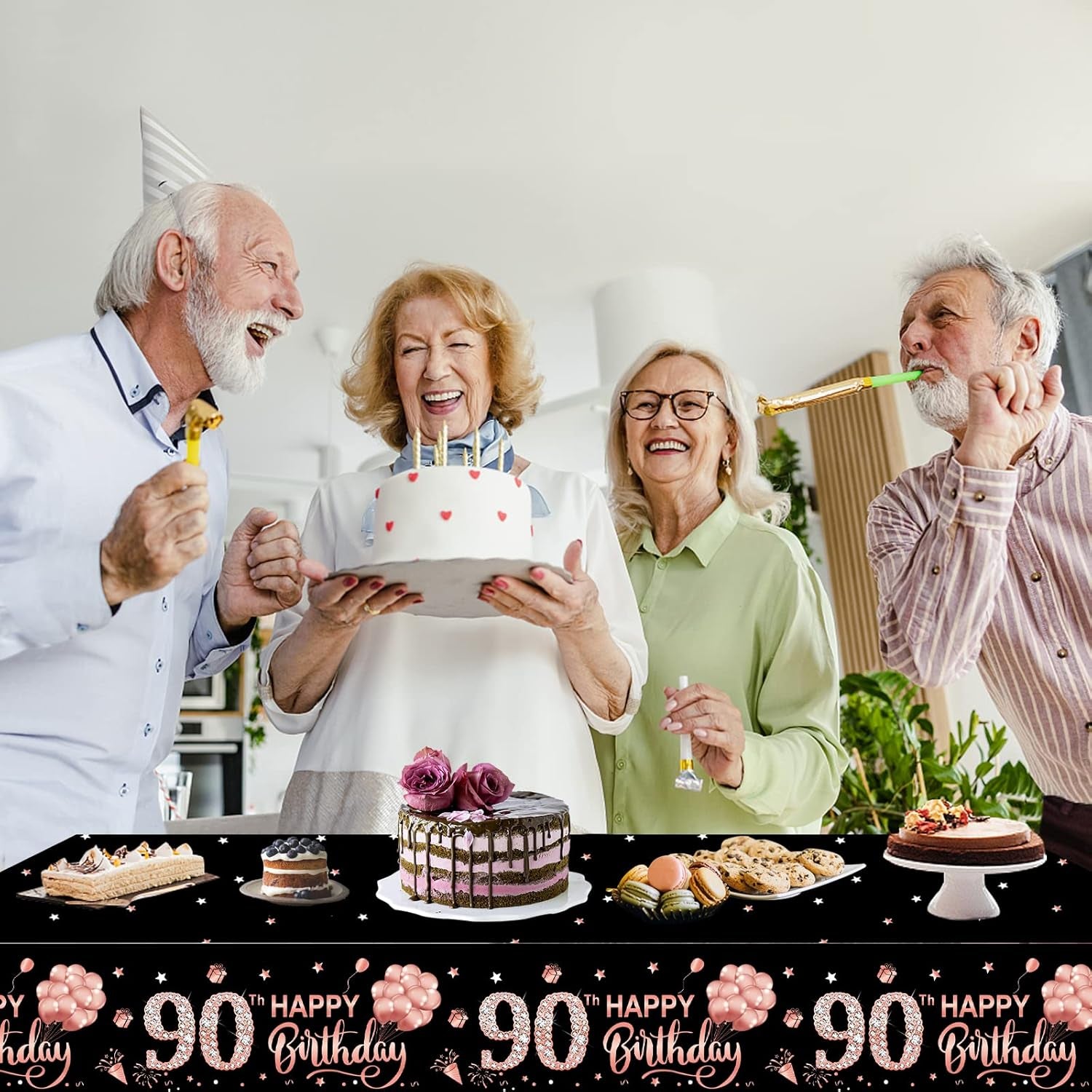3 Pack Rose Gold Happy Ninety Birthday Theme Table Cover - 90 Year Old Party Supplies, Plastic Disposable Rectangular Table Cloth Decor