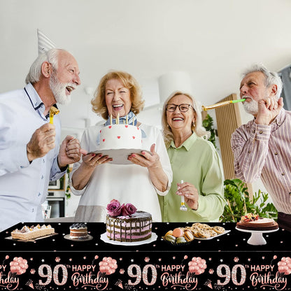 3 Pack Rose Gold Happy Ninety Birthday Theme Table Cover - 90 Year Old Party Supplies, Plastic Disposable Rectangular Table Cloth Decor