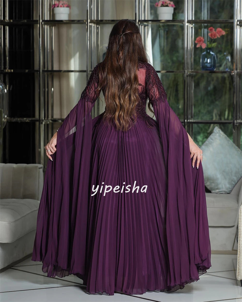 Customized Chiffon Applique Draped Formal Evening A-Line High Collar Bespoke Occasion Gown Long Dresses