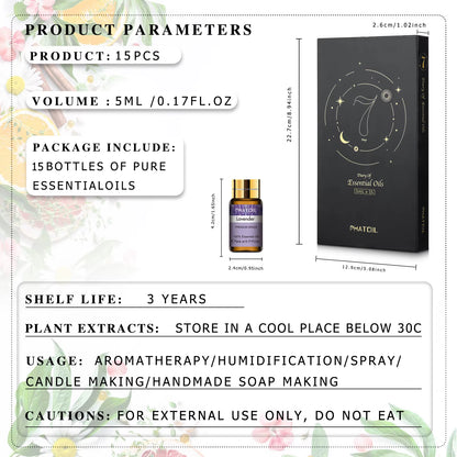 15Pcs Essential Oils Set for Diffuser Humidifier Candles Making-5Ml Lavender Vanilla Peppermint Rosemary Aroma Oil