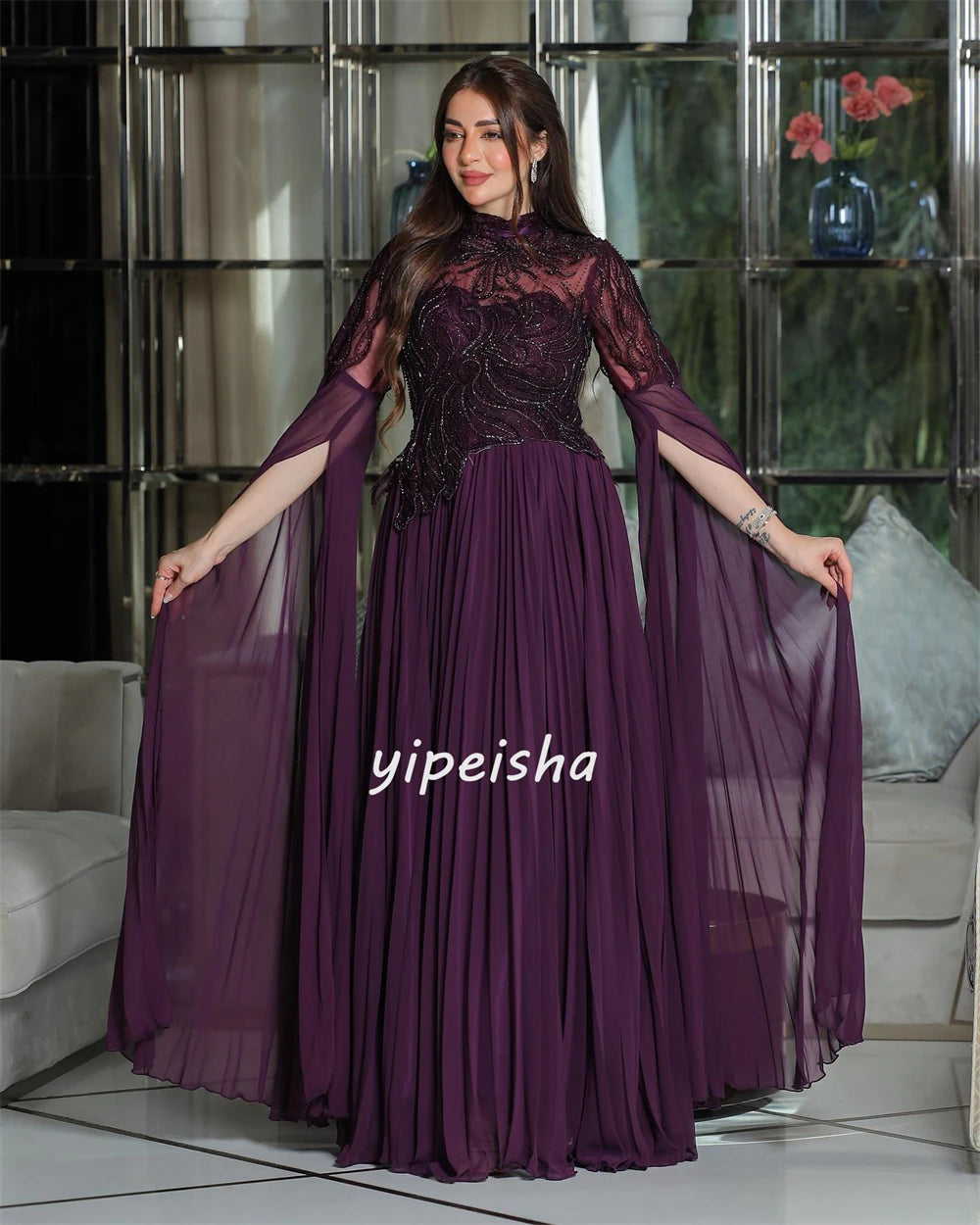 Customized Chiffon Applique Draped Formal Evening A-Line High Collar Bespoke Occasion Gown Long Dresses