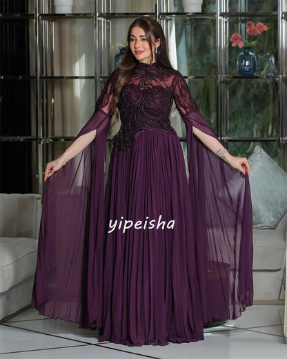 Customized Chiffon Applique Draped Formal Evening A-Line High Collar Bespoke Occasion Gown Long Dresses