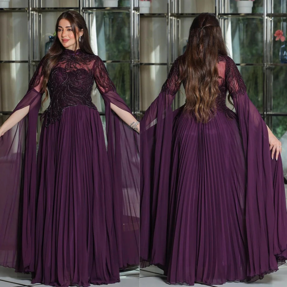 Customized Chiffon Applique Draped Formal Evening A-Line High Collar Bespoke Occasion Gown Long Dresses