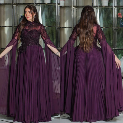 Customized Chiffon Applique Draped Formal Evening A-Line High Collar Bespoke Occasion Gown Long Dresses