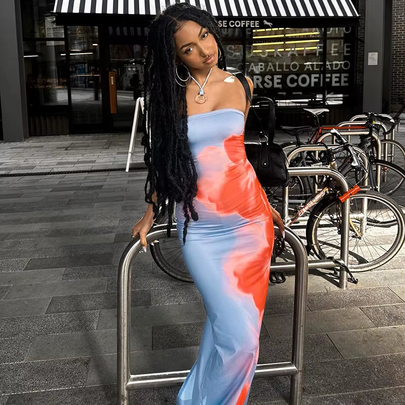 Sexy Strapless Print Tube Maxi Dress Women off Shoulder Backless Stretch Long Sundress Summer Beach Y2K Clothes
