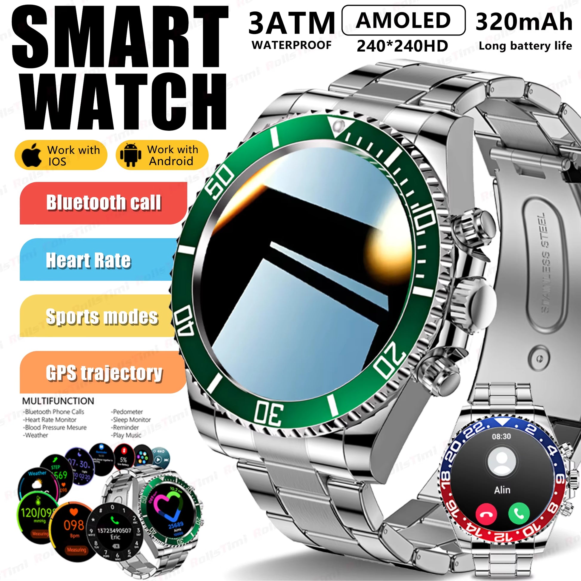 2025 New Men'S Smart Watch 1.3" AMOLED HD Screen GPS Exercise Tracking Heart Rate Bluetooth Call Fashion Women'S Smart Watch