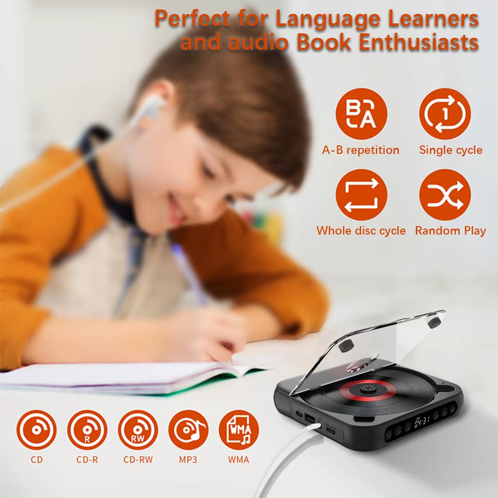 CD Player Portable BT Music Player CD Runner with Dustproof Cover 6 Modes A-B Repeat Timer Remote Control External Playback