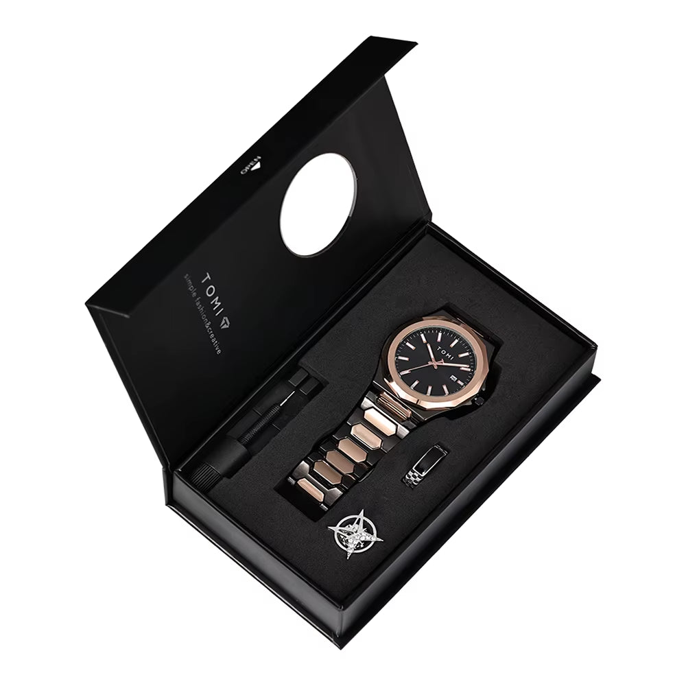 Luxury Business Men'S Watch Gift Box Set High Quality Rose Gold Case Simple and Versatile Quartz Watch Relogio Masculino