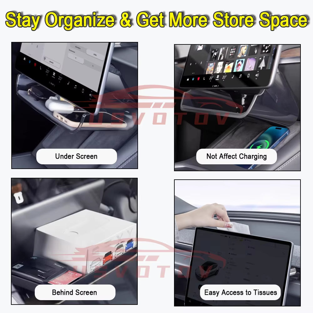 Under Screen Storage Box for Tesla Model 3 Y Highland Center Console Organizer Tray Dashboard Bins Tissue Phone Holder Accessory